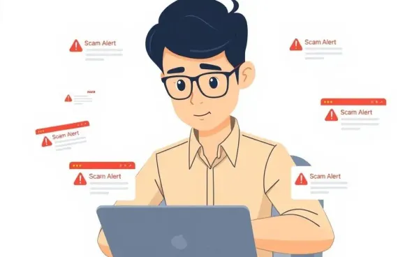 A cartoon showing a vigilant person browsing online with scam alerts.