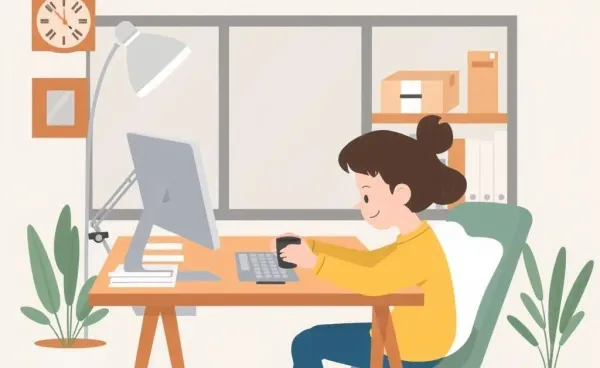 Cartoon of a person shopping online at a desk with coffee