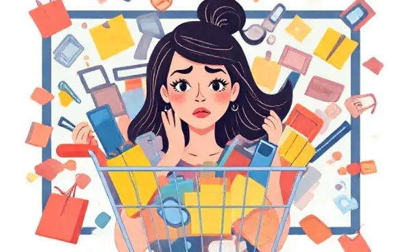 A cartoon woman struggling with online shopping temptations