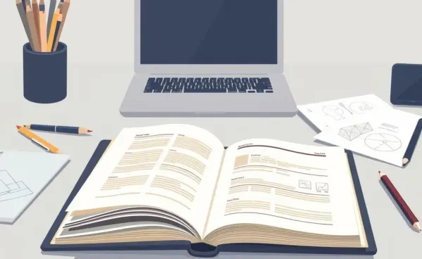An open portfolio on a modern desk with design elements around.