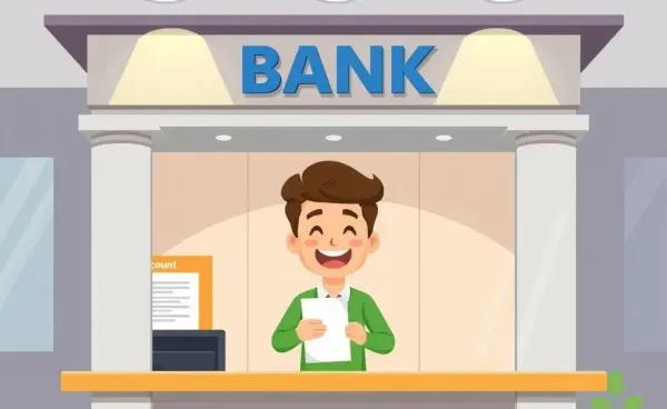 Person happily opening a bank account at a modern bank