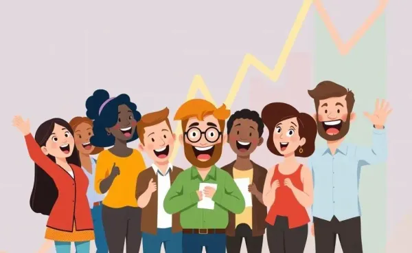 A diverse group discussing stock options with charts