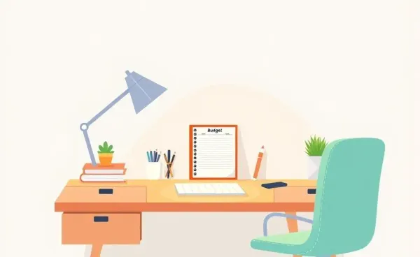A cartoon-style image of a peaceful, organized workspace with a budget planner.