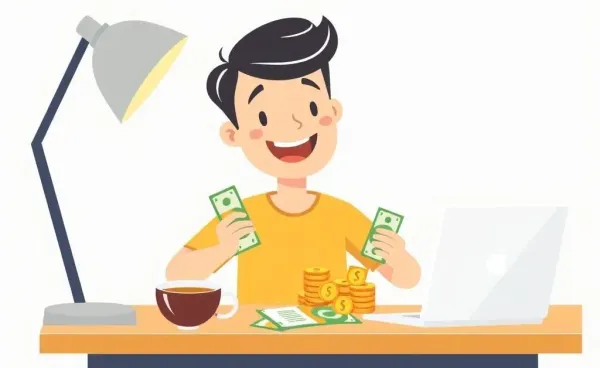 Person happily organizing budget at a desk