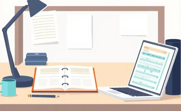 An organized office desk with a budgeting planner and a laptop showing a spreadsheet