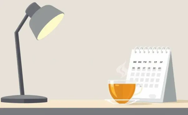A neatly organized desk with a calendar and a cup of tea