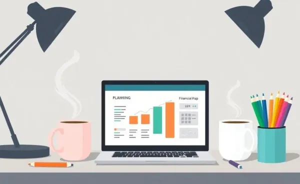 An organized desk with a laptop showing a budgeting app