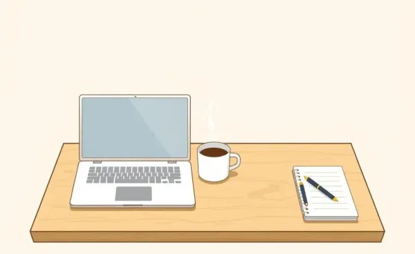 Hand-drawn desk setup with laptop and coffee mug for productivity