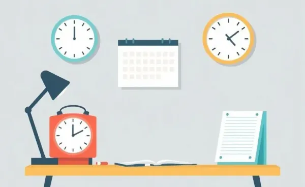 An organized desk with a calendar, clock, and notepad.