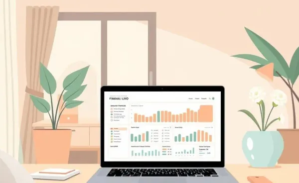 A cozy home office with a laptop displaying a financial portfolio