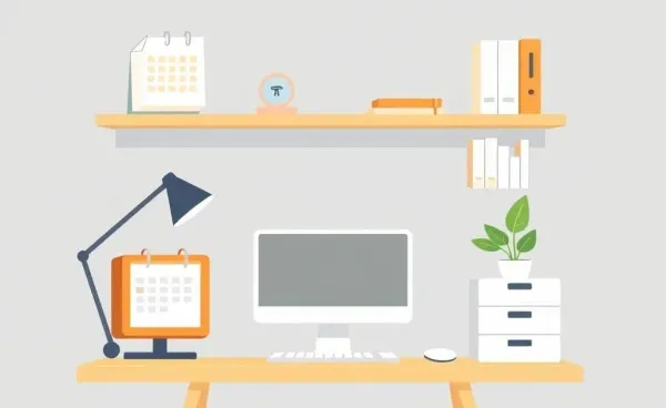 A clean and organized workspace with a desk, shelves, and a plant