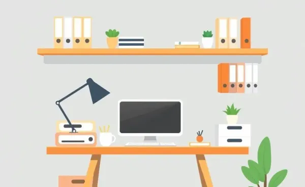 A neat and tidy workspace featuring an organized desk and shelves with a plant