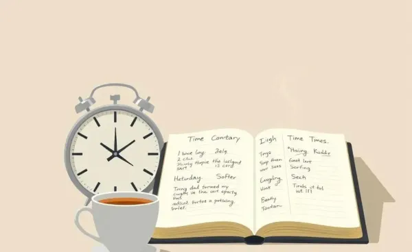 An organized workspace featuring a clock, planner, and coffee cup representing effective time management
