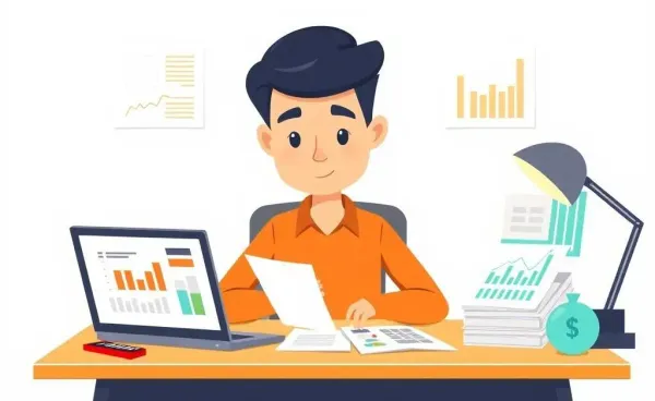 Cartoon of a person organizing their budget at a desk with papers and a computer.