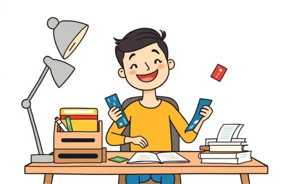 Illustration of a person organizing credit cards and rewards on a desk