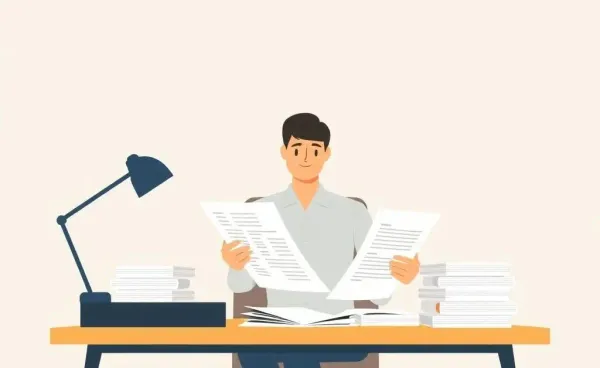 A person confidently organizing insurance paperwork at a desk.