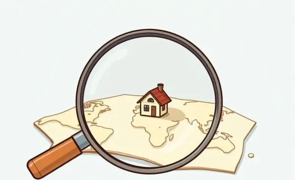 A magnifying glass examining a map with a tiny house.