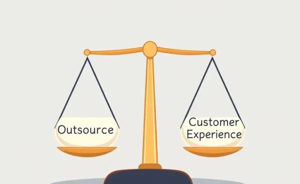 A balance scale illustrating the relationship between outsourcing and customer experience