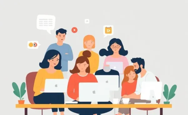 A team of diverse individuals collaborating remotely on a project