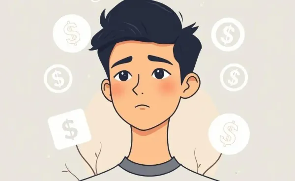 A cartoon-style image of a young person contemplating their finances