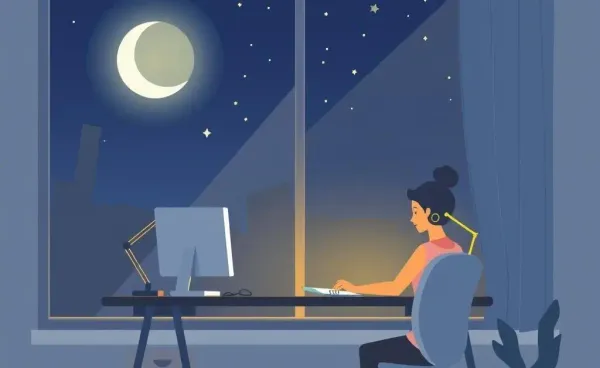 A person working at a desk during the night, with a moon and stars seen through the window.