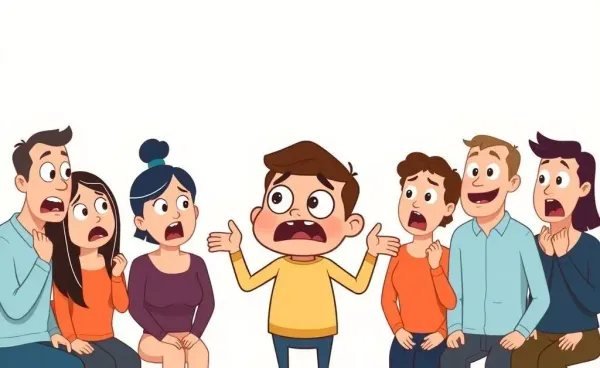 A cartoon character awkwardly oversharing to a shocked group of people