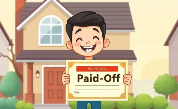Illustration of a person celebrating with a paid-off mortgage document in front of their house