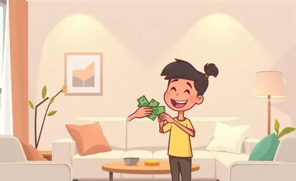 A parent giving money to a child in a cozy home setting