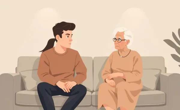 A parent and adult child having a serious discussion on a couch