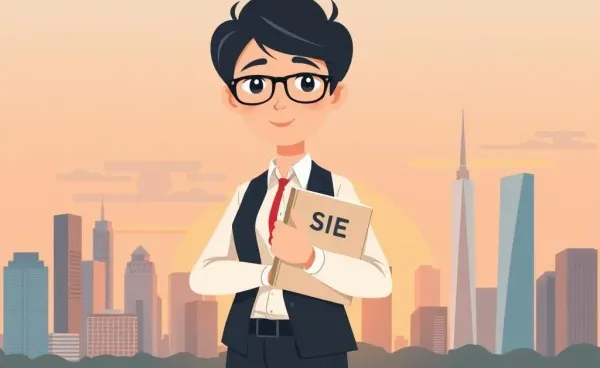 A young professional standing confidently in front of a financial district skyline.