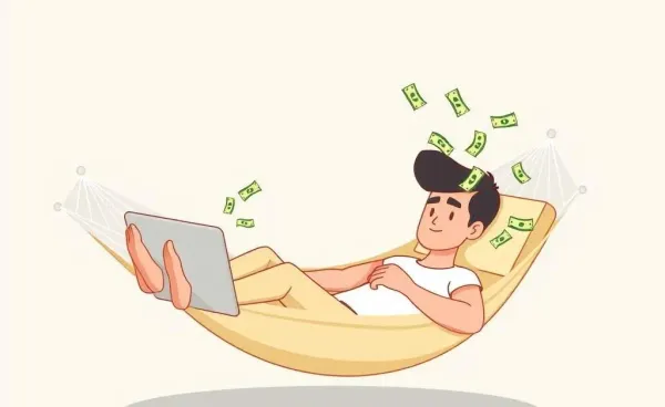 Person lounging on a hammock with money flowing from a laptop