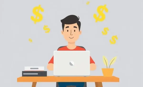 Person at desk with laptop and dollar signs representing online income