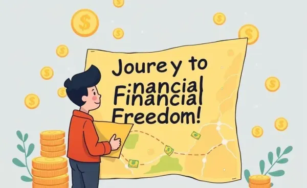 An illustration of a person looking at a financial independence map with coins and a piggy bank.