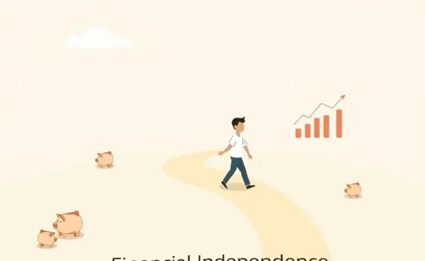 A path to financial independence with symbols of savings and investments.