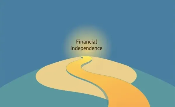Path winding towards a glowing 'Financial Independence' sign