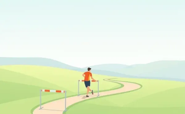 A person walking a path with obstacles in a calm landscape
