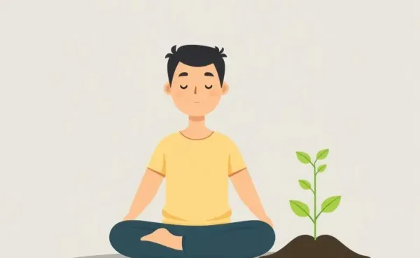 A meditator watching a plant slowly grow, representing patience and growth