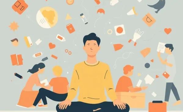 A calm person sitting amid chaos symbolizing patience.