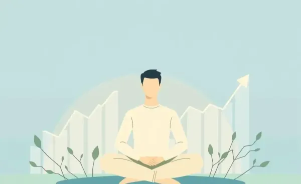 A peaceful scene with a person pausing amid financial graphs