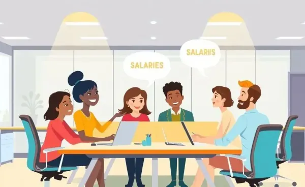 Cartoon illustration of an open and positive discussion about salaries in an office setting.