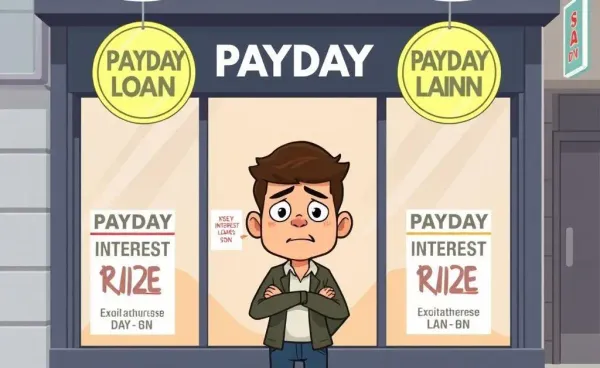 A person looking concerned in front of a payday loan shop with high-interest rate signs.