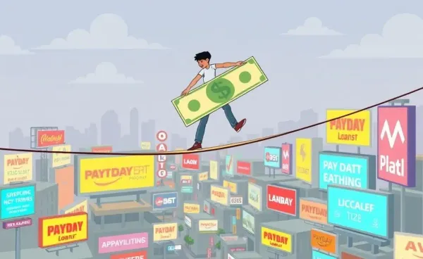 A cartoon person balancing on a tightrope made of dollar bills above payday loan signs.