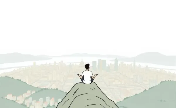 A serene image of a person finding peace above a chaotic cityscape.