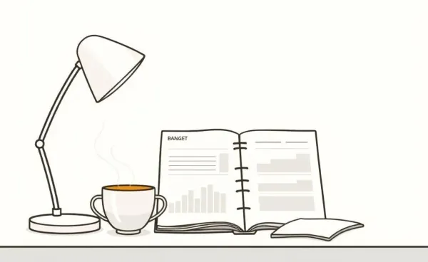 A calming desk with a budget planner and a cup of tea