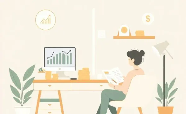 A hand-drawn scene of a cozy home setting focused on budgeting and investment