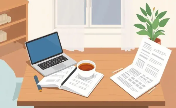 Illustration of a home setting with financial documents and tea on a table