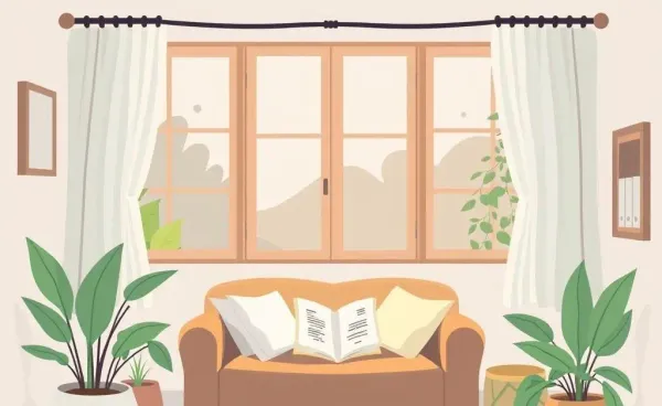A peaceful home interior with a cozy reading nook and plants.