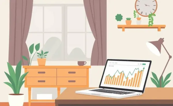 A cozy home office with a laptop displaying financial graphs and a coffee cup