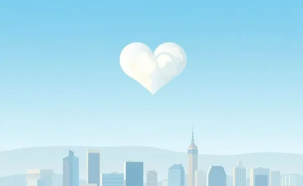 Peaceful cityscape with cloud heart symbol, representing peace of mind in insurance