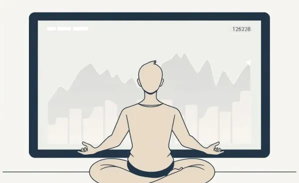 A calm investor meditating with fluctuating stock charts in the background